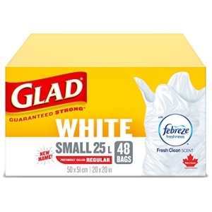 Glad White Garbage Bags - Small 25 Litres - Febreze Fresh Clean Scent, 48 Trash Bags, Made in Canada of Global Components