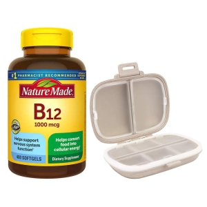Nature Made Vitamin B12 1000 mcg, 400 Softgels, Bundle with a Travel Pill Organizer, 8 Compartments Portable Pill Case, Color Khaki