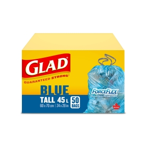 Glad Blue Recycling Bags - Tall 45 Litres - ForceFlex, Drawstring, 50 Trash Bags, Made in Canada of Global Components