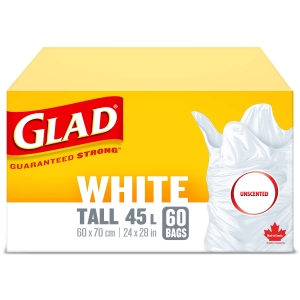 Glad White Garbage Bags - Tall 45 Litres - Unscented, 60 Trash Bags, Made in Canada of Global Components